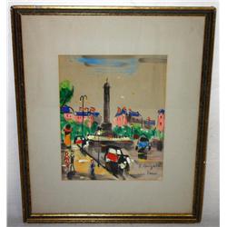 Framed Abtract Water Color of Paris Street Scene
