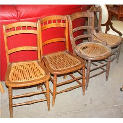 4 Vintage Wicker Bottom Chairs & 1 Wooden Stool