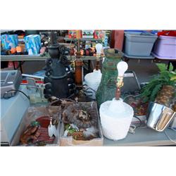 Table Lot Of Misc. Framed Pictures, Lamps,