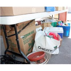 Table Lot Of Misc. Cups, Sleeping Bag, Cooler,