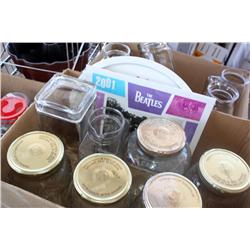 Table Lot Of Misc. Jars, Speakers, Albums,