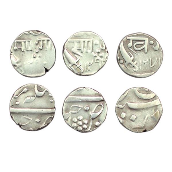 Baroda, Silver 1/2 Rupee (3), Khande Rao, AH 1271, 5.65gm, Malhar Rao, AH 129x, 5.65gm, and Sayaji R
