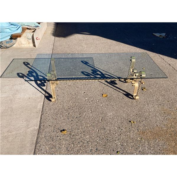 VINTAGE RECTANGULAR GLASS-TOP COFFEE TABLE WITH AN ORNATE GOLD-TONE OR GILT WROUGHT-IRON / CAST-IRON