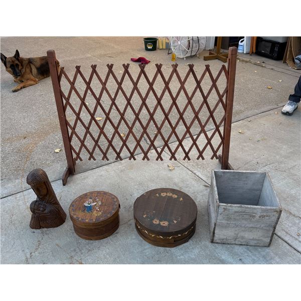 WOOD STATUE, BOXES, AND DIVIDER