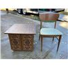 Image 1 : VINTAGE MID-CENTURY WOODEN END TABLE CABINET AND A VINTAGE MID-CENTURY MODERN WOODEN DINING CHAIR