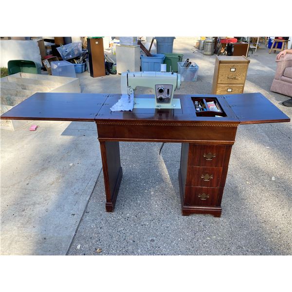 VINTAGE SEARS KENMORE ELECTRIC SEWING MACHINE HOUSED INSIDE A WOODEN DROP-LEAF CABINET DESK
