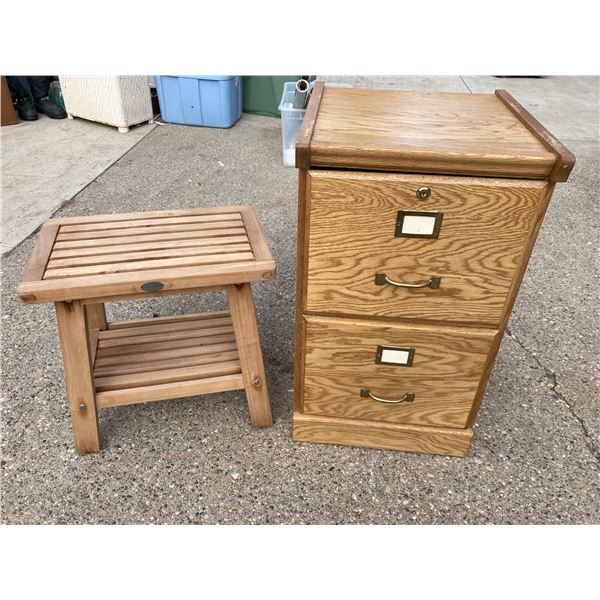 WOOD FILE CABINET AND STOOL