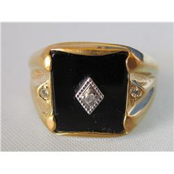 14k Gold Plated Ring W/Onyx & Diamonds