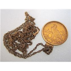 1915 2 1/2 Dollar Gold Coin W/Gold Bezel & Chain