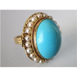 Vintage 14K Gold Ring W/Blue Stone & Pearls