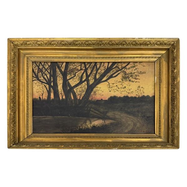 19th C. Sunset Landscape Oil Painting