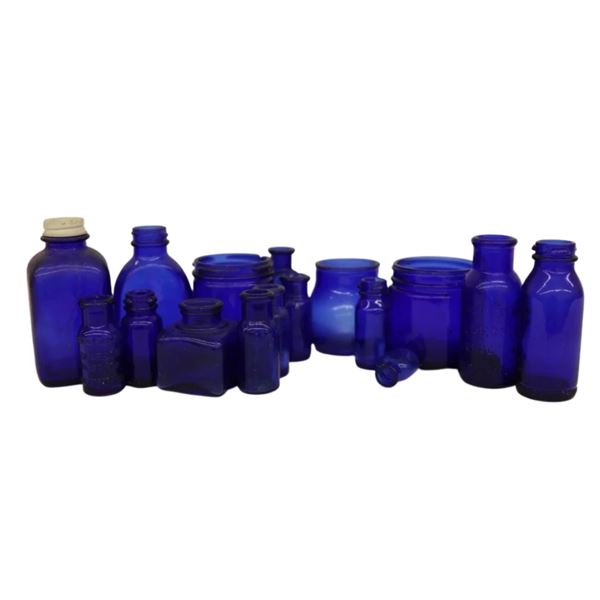Collection of 16 Cobalt Blue Glass Bottles
