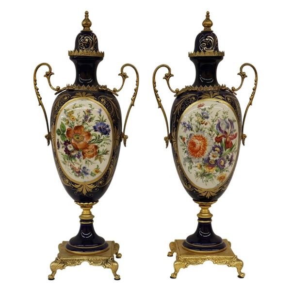 Pair Sevres Style Porcelain and Ormolu Urns