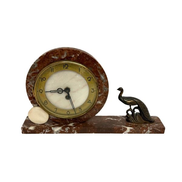 French Art Deco Breccia Marble Peacock Clock