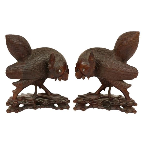 Chinese Hand-Carved Boxwood Rooster Sculptures