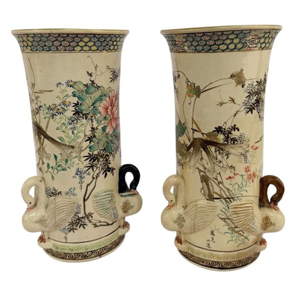Pair of Japanese Satsuma Earthenware Swan Vases