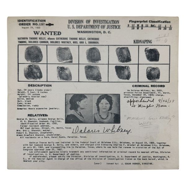 1933 FBI Machine Gun Kelly Wife Wanted Poster