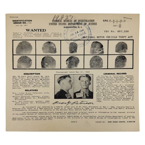 1941 Federal Bureau of Investigation Wanted Poster