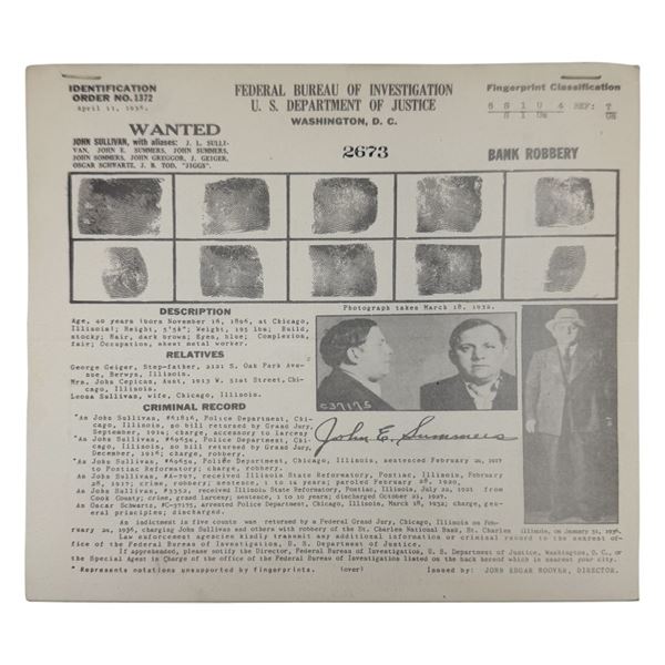 1936 FBI Criminal Wanted Poster for John Sullivan