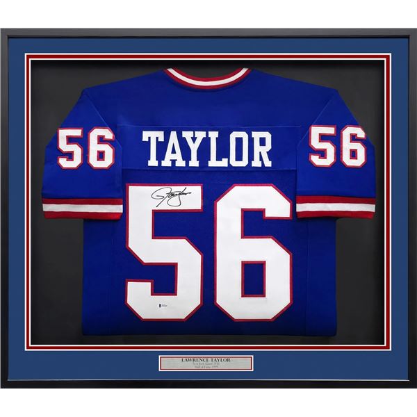 LAWRENCE TAYLOR SIGNED AND FRAMED NEW YORK GIANTS JERSEY - BECKETT COA