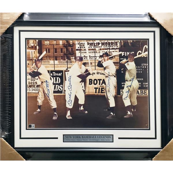 NEW YORK BASEBALL LEGENDS FRAMED & QUAD SIGNED 8X10 - MANTLE, MAYS, DIMAGGIO & SNYDER - BECKETT COA