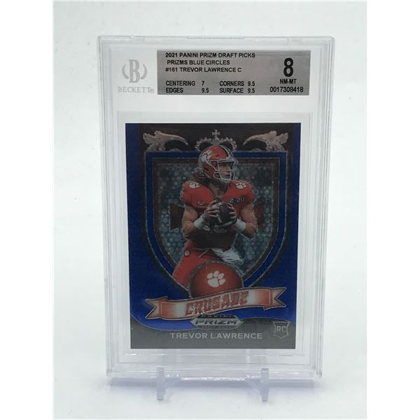 2021 PANINI PRIZM DRAFT PICKS BLUE CIRCLES TREVOR LAWRENCE ROOKIE TRADING CARD - BECKETT GRADE 8