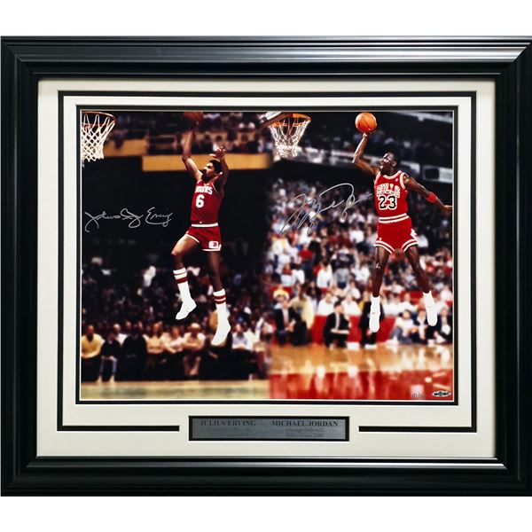 JULIUS IRVING AND MICHAEL JORDAN FRAMED AND DUAL SIGNED 16X20 LIMITED TO 150 - UPPER DECK COA