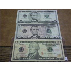 3 Star Notes 2003-$5, 2006-$5 & 2004-A $10