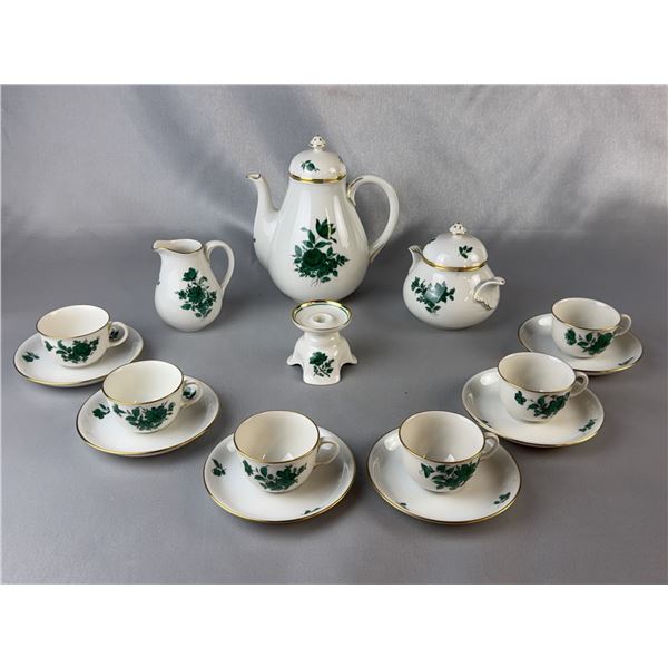 Herend Hungary Porcelain Coffee Set Green Floral Pattern 15 Pieces