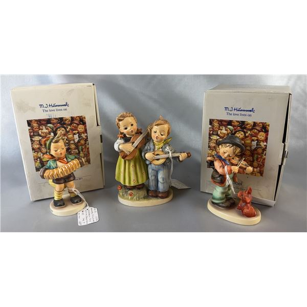 Three Goebel Hummel Figurines Happy Days, Accordion Boy and Puppy Love with Boxes