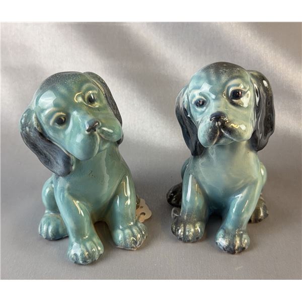 Pair Beswick #454 Lollopy Seated Puppy Dogs, Blue Gloss Glaze, 1936-1969