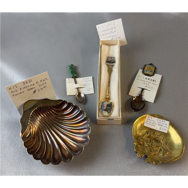 5 Decorative Items: E.P.N.S. Shell Dish, Bronze Dish, 3 Collectible Spoons