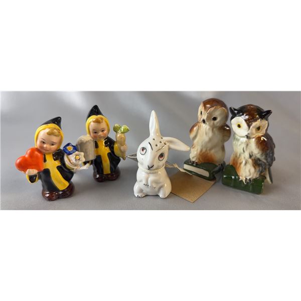 Three Sets German Porcelain Salt & Pepper Shakers: Goebel Owls, Munich Child, Rabbit