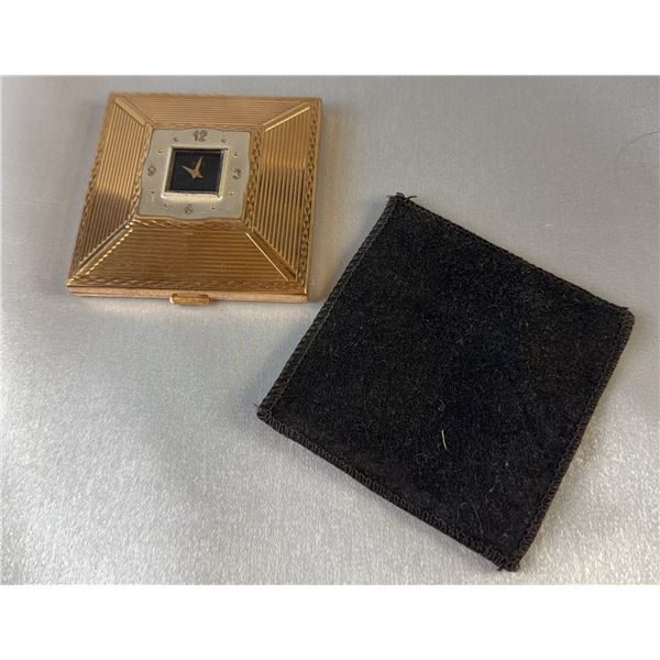 AGME Bimetal Travel Loose Powder Compact with Hinged Swiss Clock, Mirror, 3" Square