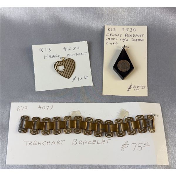 Heart Pendant, Ebony Pendant With Dutch Coins, Trenchart Bracelet Lot Of 3