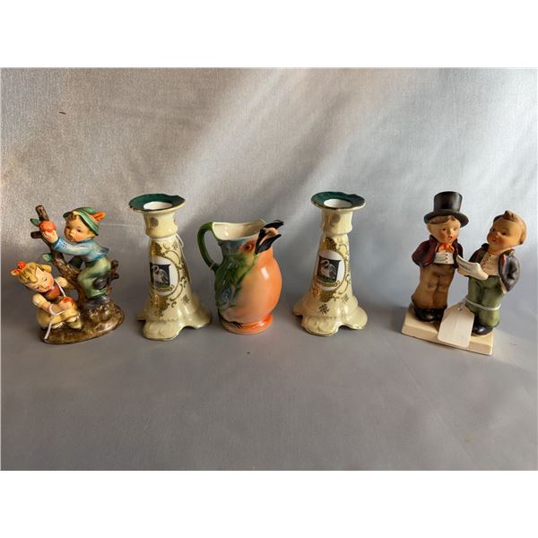 Hummel Goebel Figurines With Hand Painted Porcelain Candle Holders and Bird Pitcher