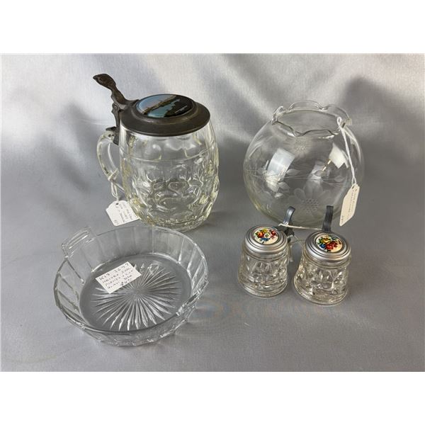 Glassware Lot: Beer Stein, Cornflower Rose Bowl, Miniature Lidded Mugs, Heisey Dish