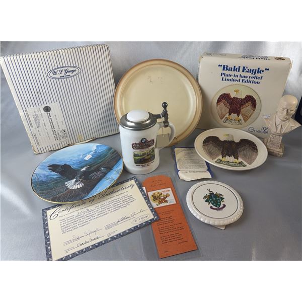 Collector Lot: BMW Stein, Goebel Plates, Mussolini Bust, W.H. Goss Trivet, Eagle Items