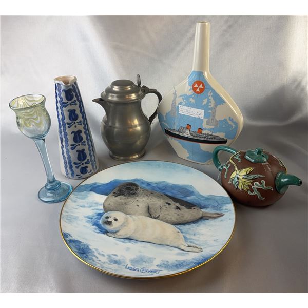 Lot: Goebel Plate, Chinese Teapot, Pewter Stein, Pitcher, Liquor Bottle, Glass