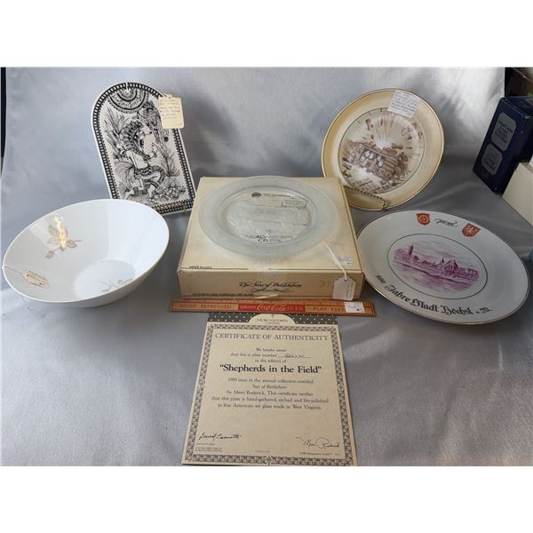 Lot: Rosenthal Plaque, Grimwades Plate, Hoechst Plate, Morgantown Crystal, Coca-Cola Ruler