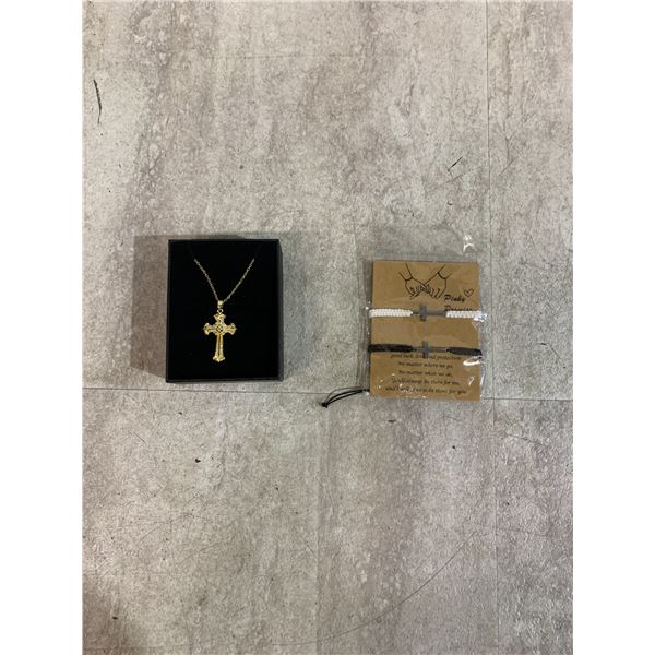 Lot Of 2 Cross Pinky Promise Bracelets And 1 Gothic Cross Necklace