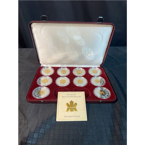 1998 Canadian Lunar $15 Silver Coins Set 24K Gold-Plated, 10 Coins With Case & COA