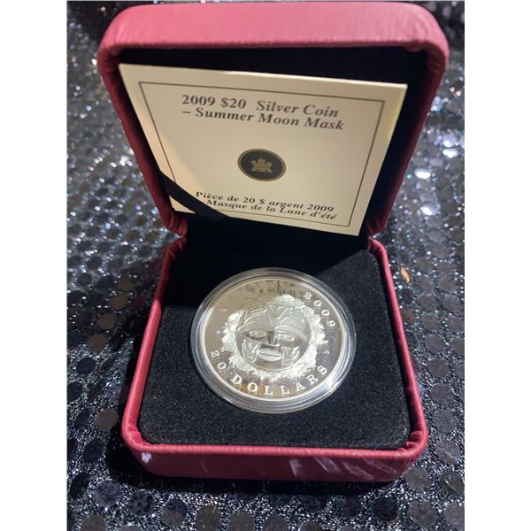 2009 $20 Summer Moon Mask Canadian Silver Coin, 999 Silver, 31.39g, Queen Elizabeth II