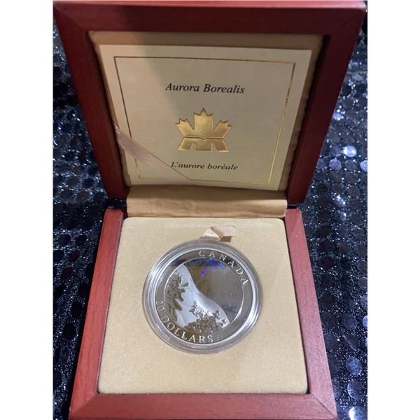 2004 Canada $20 Silver Aurora Borealis Coin 99.99% Fine, 31.39g, Box & COA
