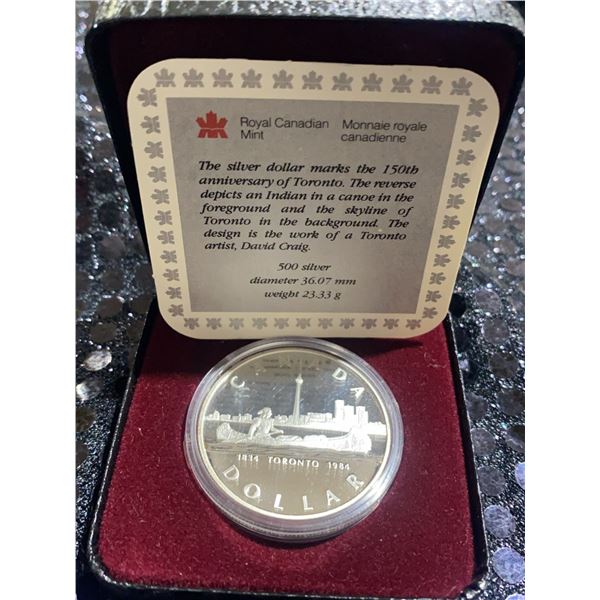 1984 Royal Canadian Mint Silver Toronto 150th Anniversary Dollar Coin, 500 Silver