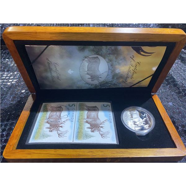2004 Canada $5 Majestic Moose Silver Coin and Stamp Set in Wood Case with COA