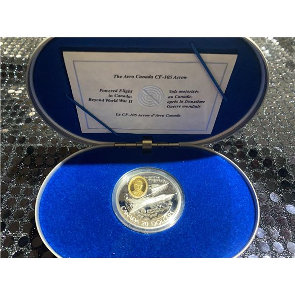 1996 Canada $20 Avro CF-105 Arrow Coin 92.5% Silver 24K Gold Cameo 31.103g 38mm
