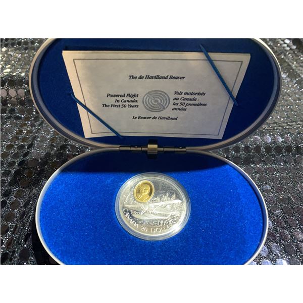 1997 Canada $20 Silver Coin de Havilland Beaver 24kt Gold Cameo 1oz with Case & COA