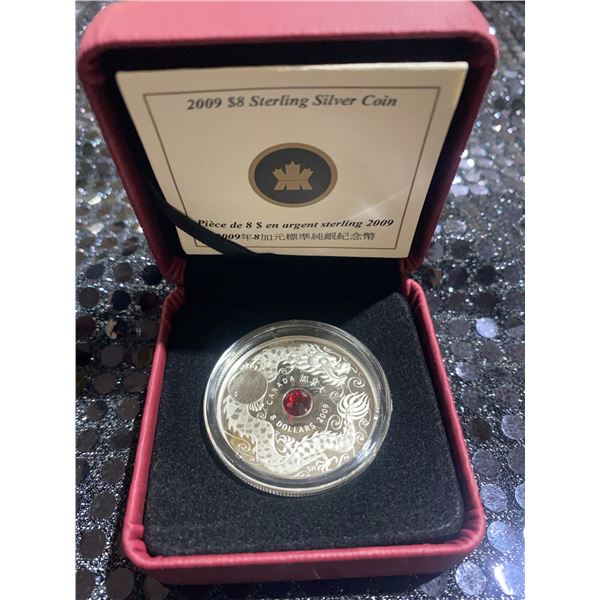2009 $8 Canada Sterling Silver Dragon Coin With Swarovski Crystal, Boxed