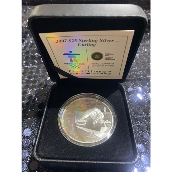2007 $25 Sterling Silver Coin Vancouver 2010 Curling 92.5% 40mm 27.78g